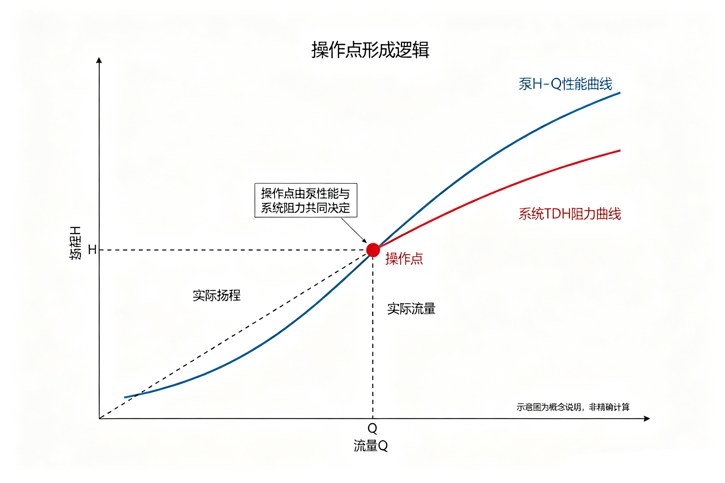 泵操作点形成逻辑图解,泵性能曲线与系统 TDH 需求曲线相交获取运行参数