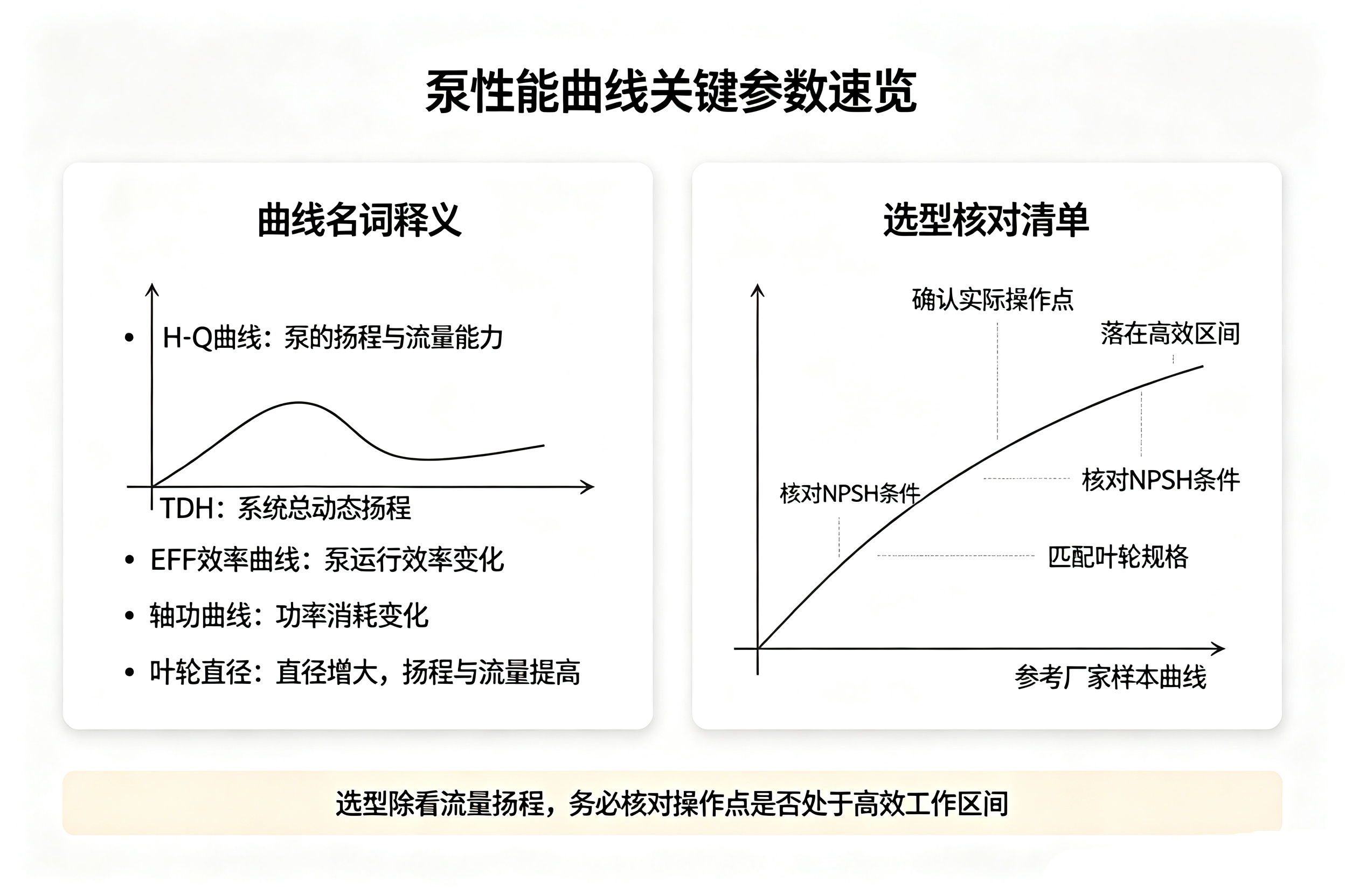 泵性能曲线关键参数速览卡片,H‑Q、TDH、效率、轴功名词释义与选型核对对照表