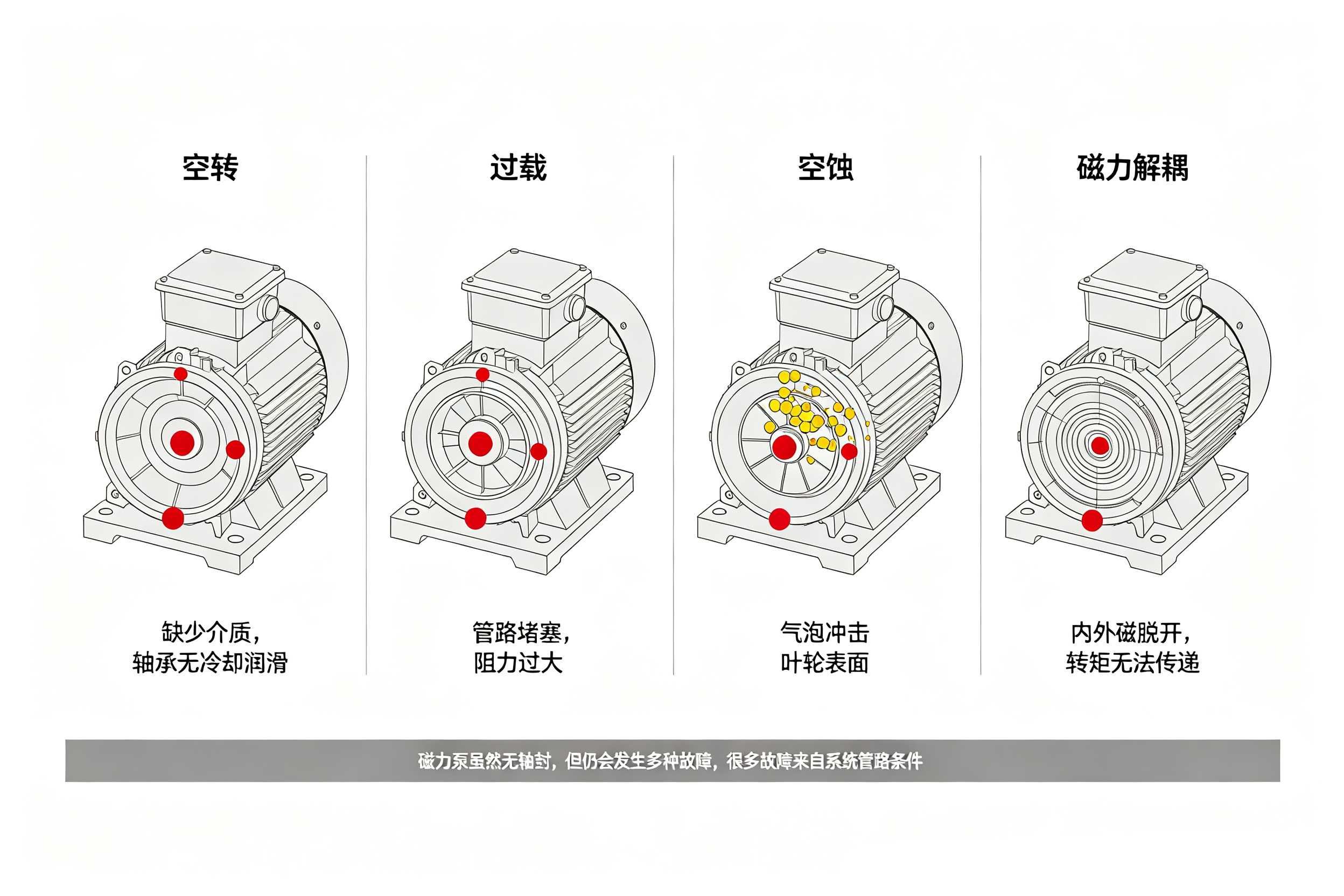 磁力泵四类典型故障机理示意图,空转、过载、空蚀、磁力解耦故障示意图解