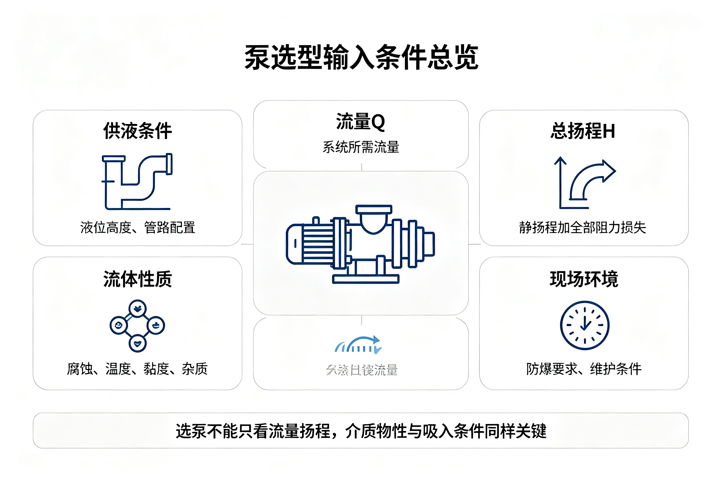 工业泵选型五大输入条件总览示意图,供液、流量、扬程、介质物性、现场环境图解