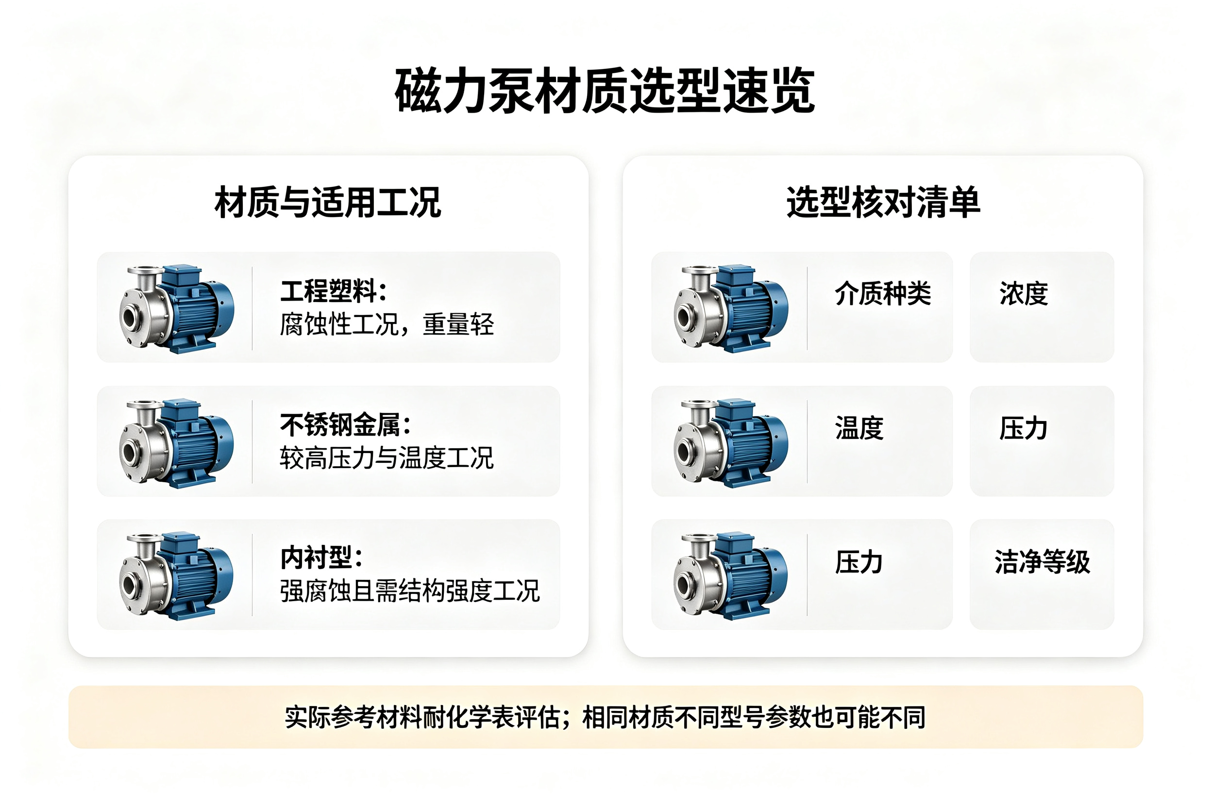磁力泵材质选型速览卡片,工程塑料 / 不锈钢 / 内衬型对应工况与核对清单对照表