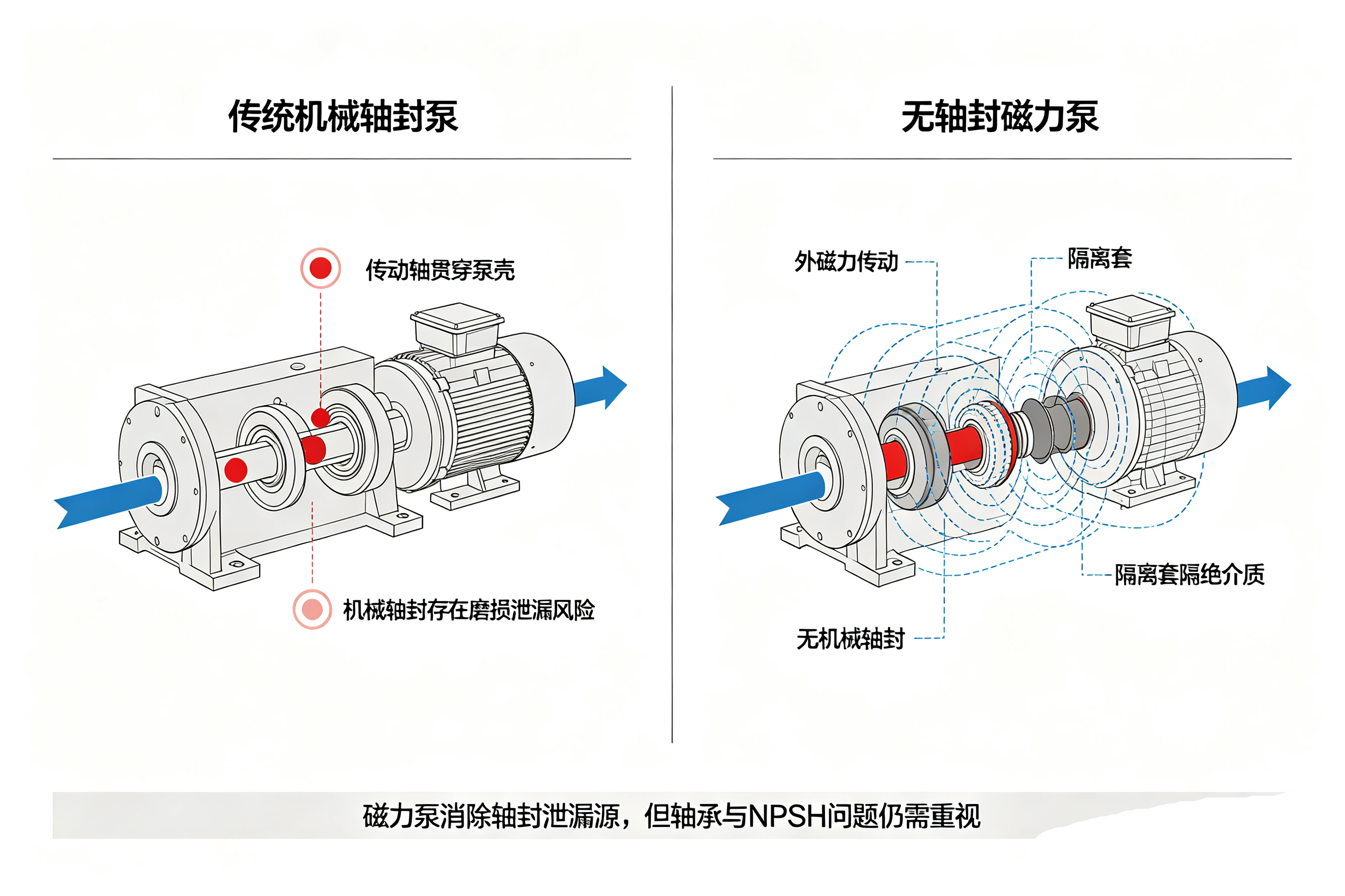 磁力泵和传统机械轴封泵结构对比示意图，有无轴封结构差异图解