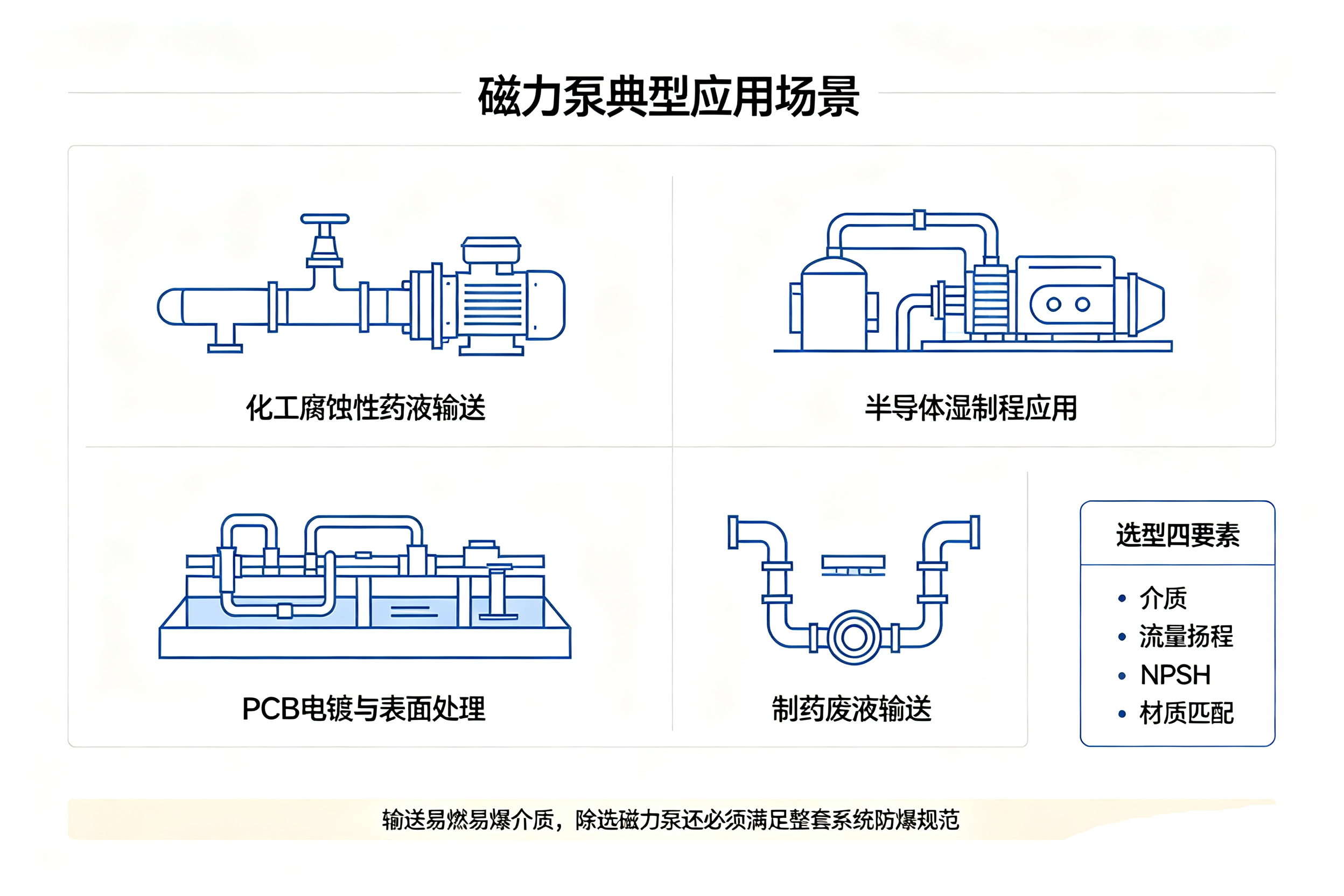 无轴封磁力泵典型应用场景速览卡片,化工半导体 PCB 制药工况选型要素图解
