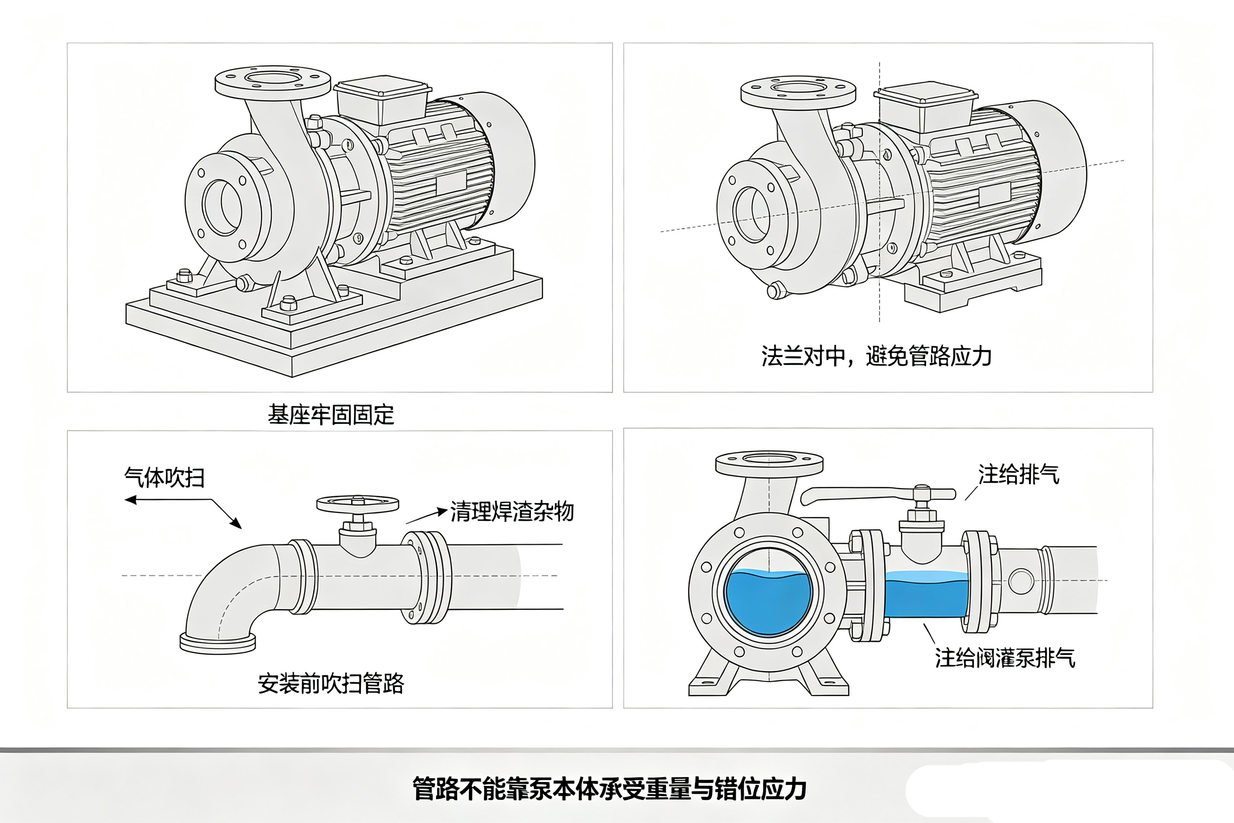 离心泵安装关键细节示意图，基座固定、法兰对中、管路吹扫、灌泵排气图解