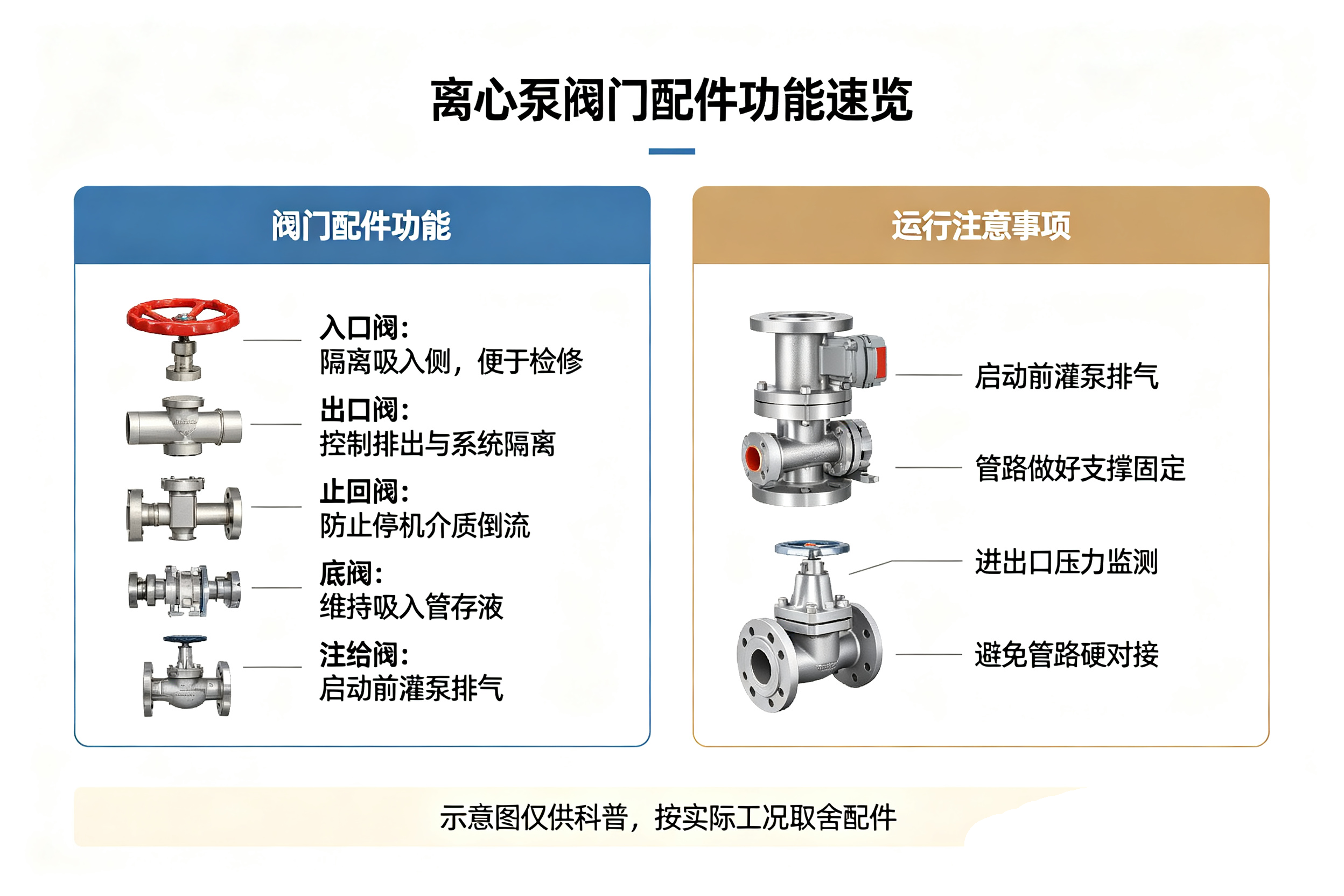 离心泵阀门配件功能速览卡片，各配件作用、安装运行注意事项对照表
