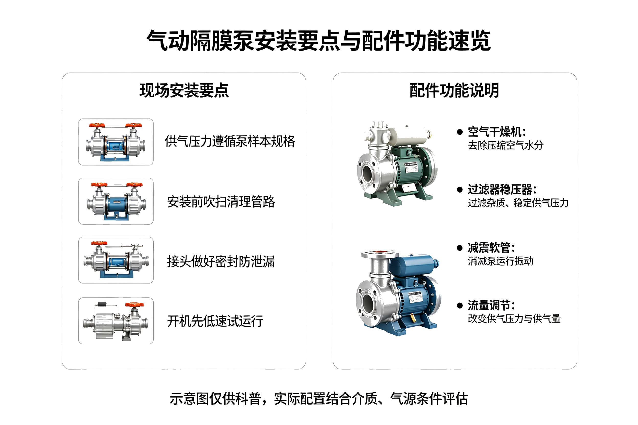 气动隔膜泵安装要点速览卡片,现场安装规范、气源配件功能、流量调节方法对照表