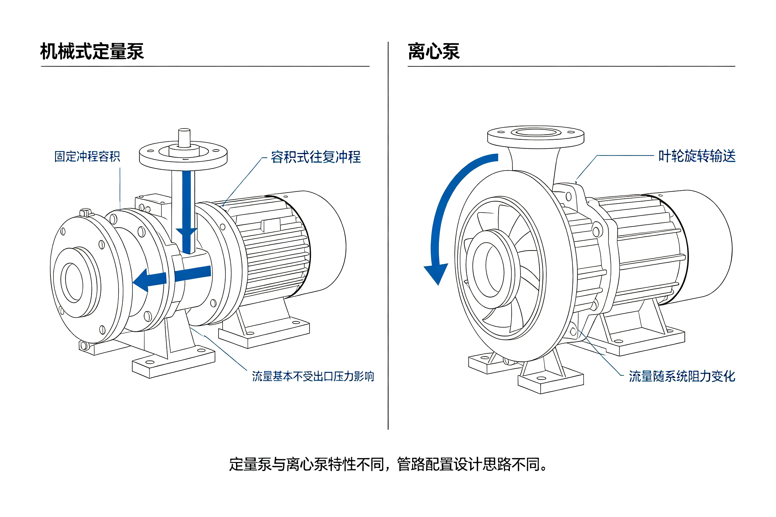 机械式定量泵与离心泵原理对比示意图，容积式定量泵固定冲程和离心泵叶轮输送结构图解