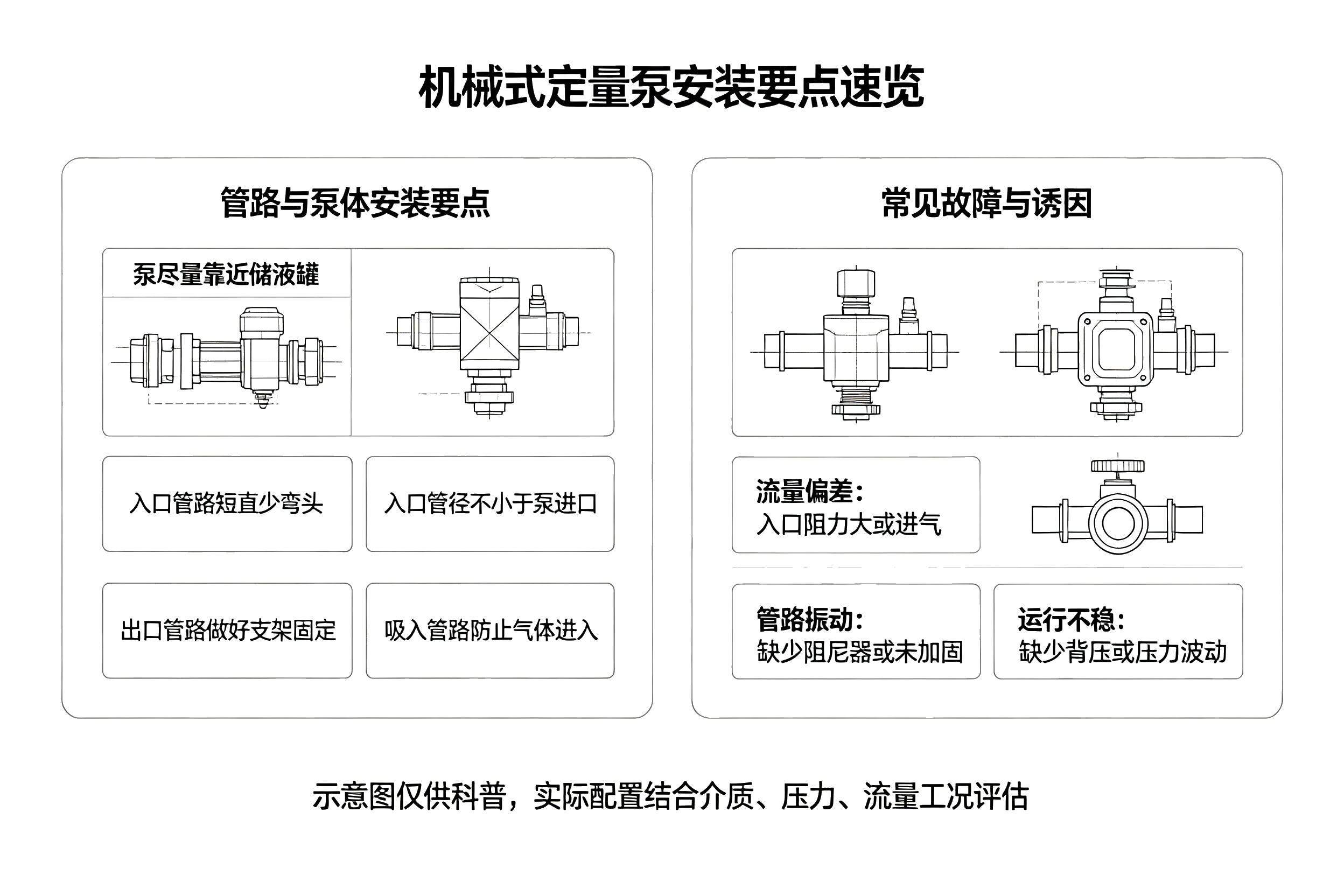机械式定量泵安装要点速览卡片，管路配置要求、常见故障诱因对照表
