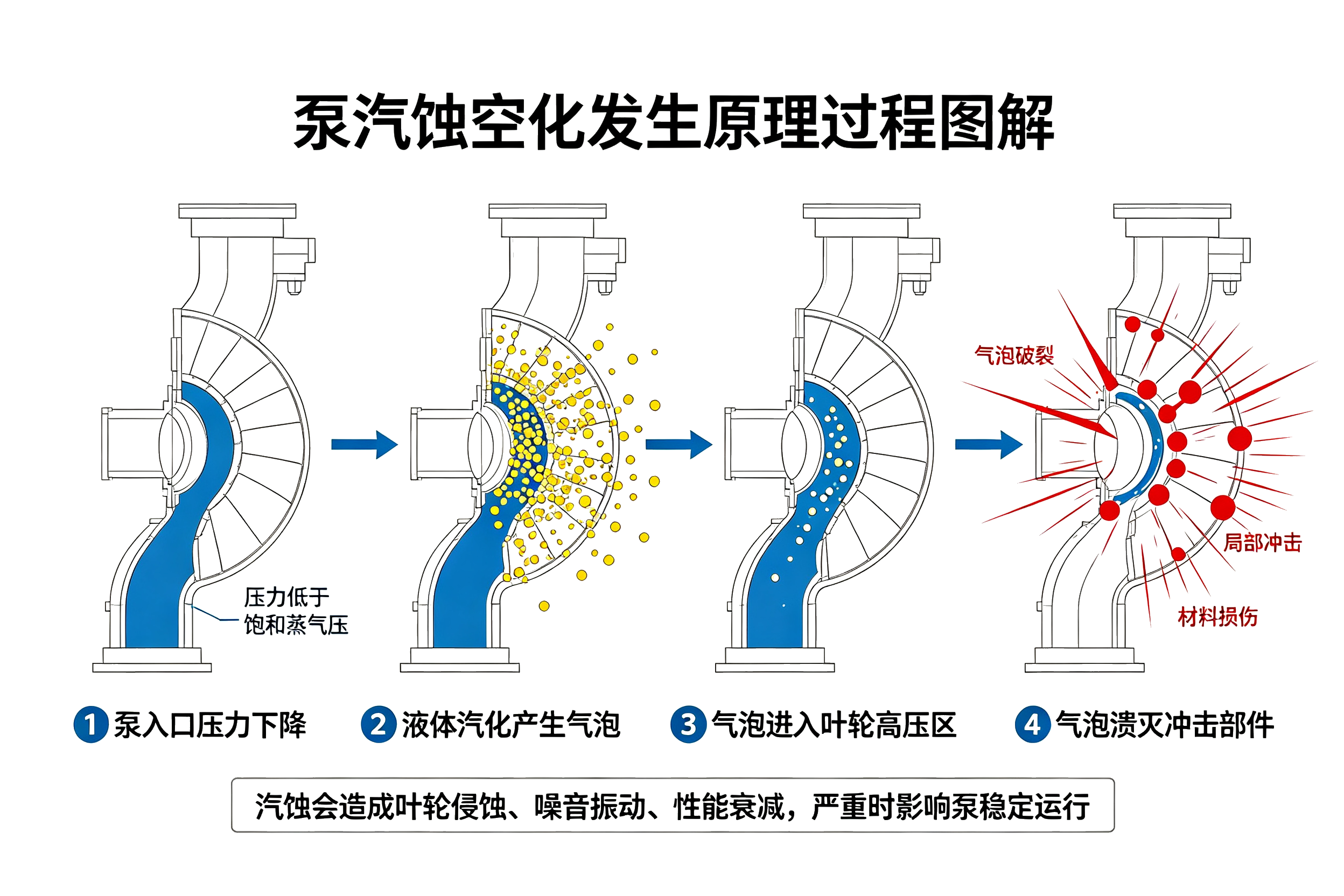 泵汽蚀空化发生原理过程图解，液体汽化产生气泡、气泡溃灭冲击叶轮造成损伤的演示图