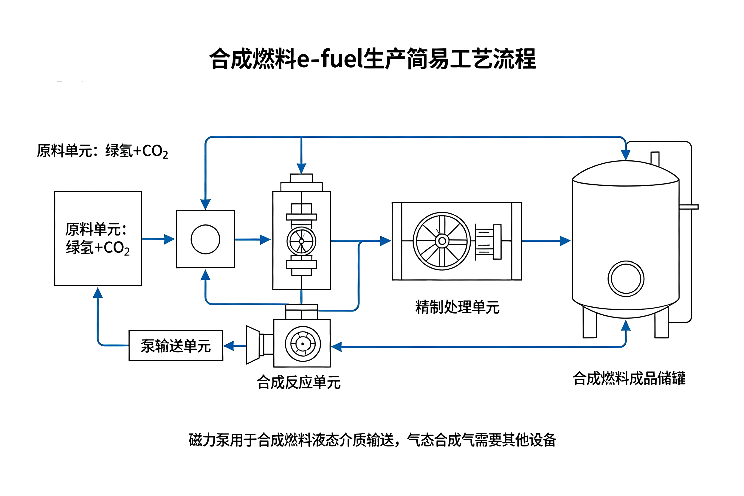 合成燃料 e‑fuel 简易工艺流程图,绿氢 CO₂原料合成‑精制‑成品储罐流程图解