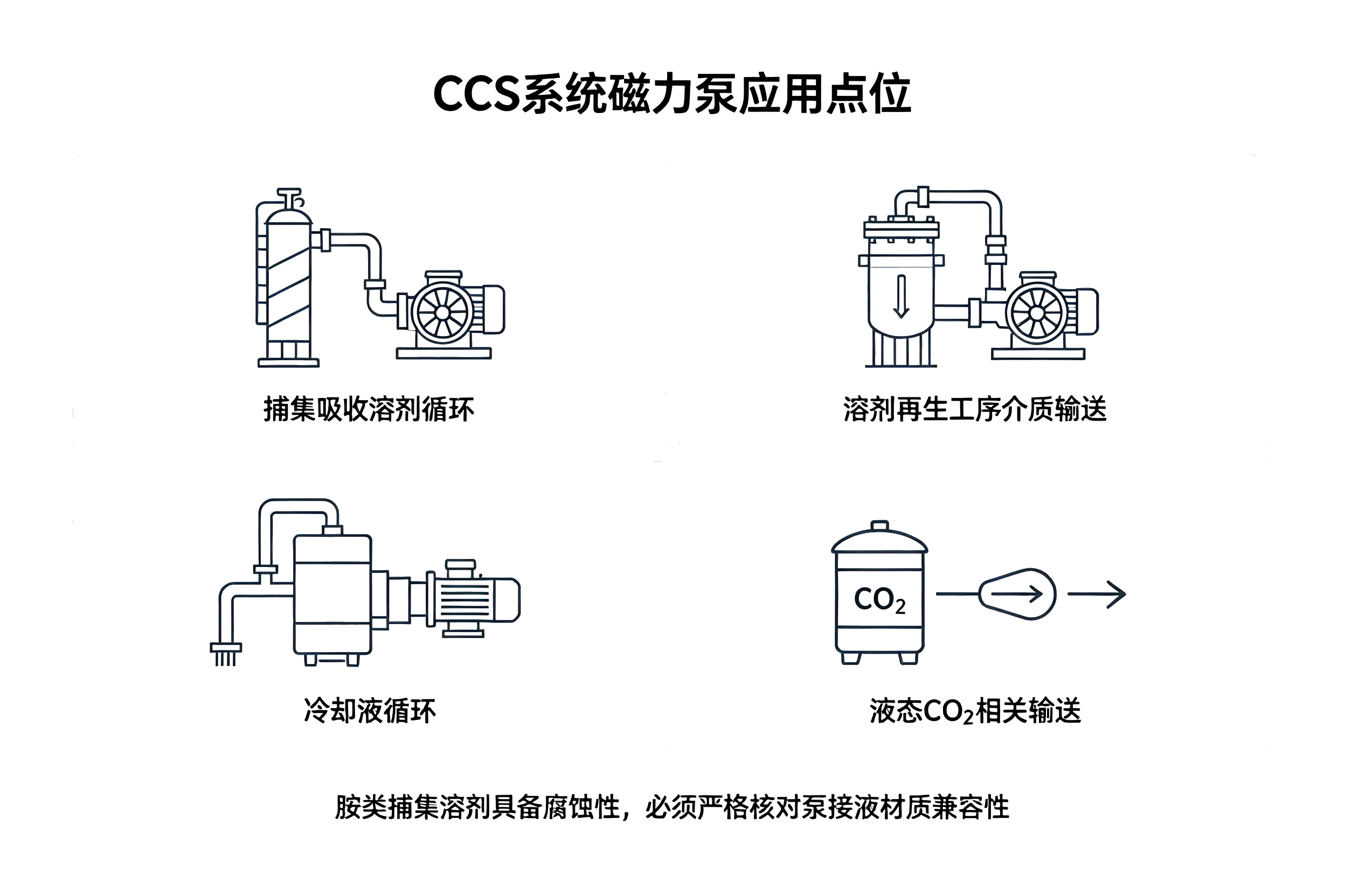CCS 碳捕集系统磁力泵应用点位图解,捕集溶剂循环、再生、冷却液、液态 CO₂输送工况示意
