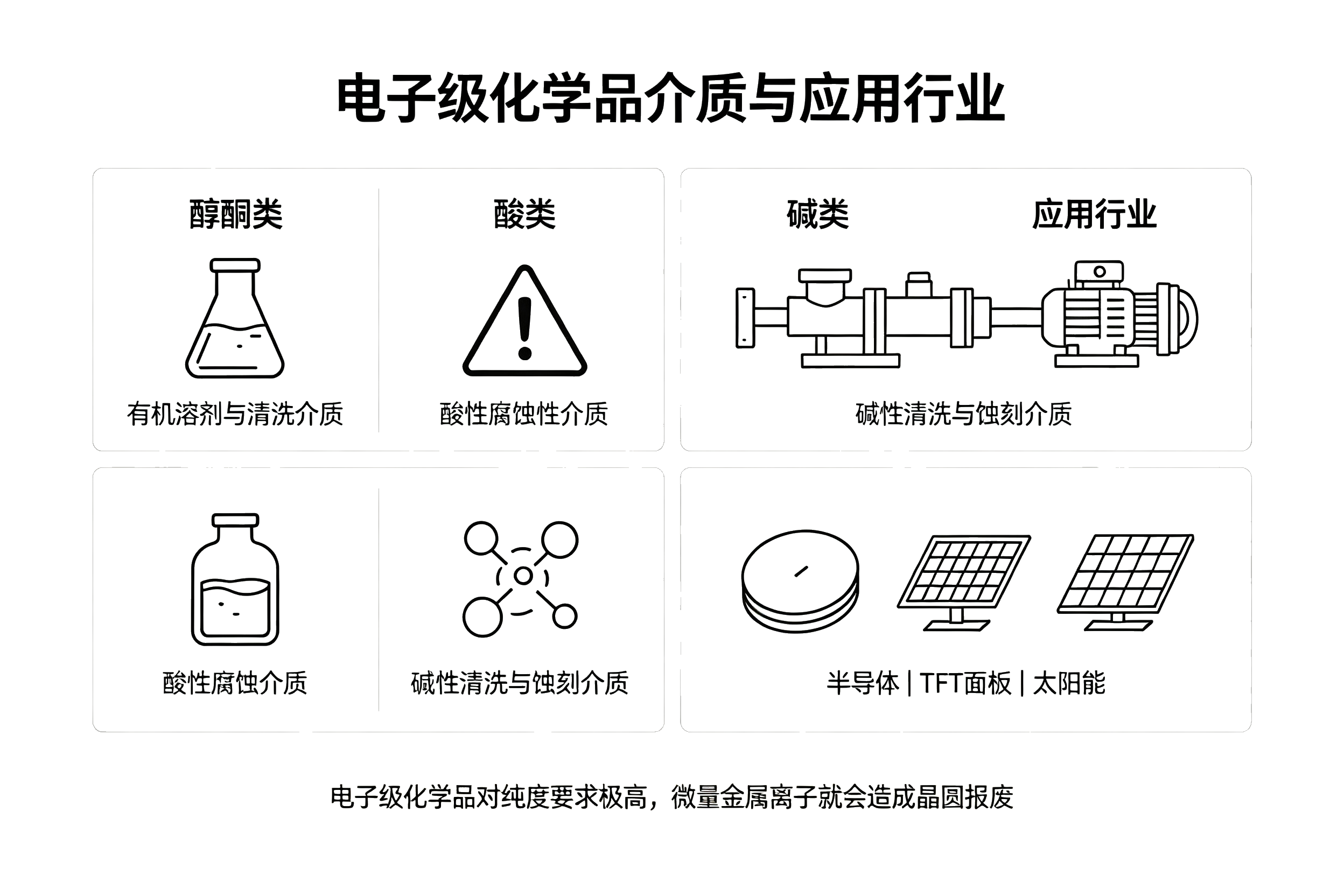 电子级化学品介质与应用行业图解，醇酮酸碱性介质，半导体面板太阳能应用示意