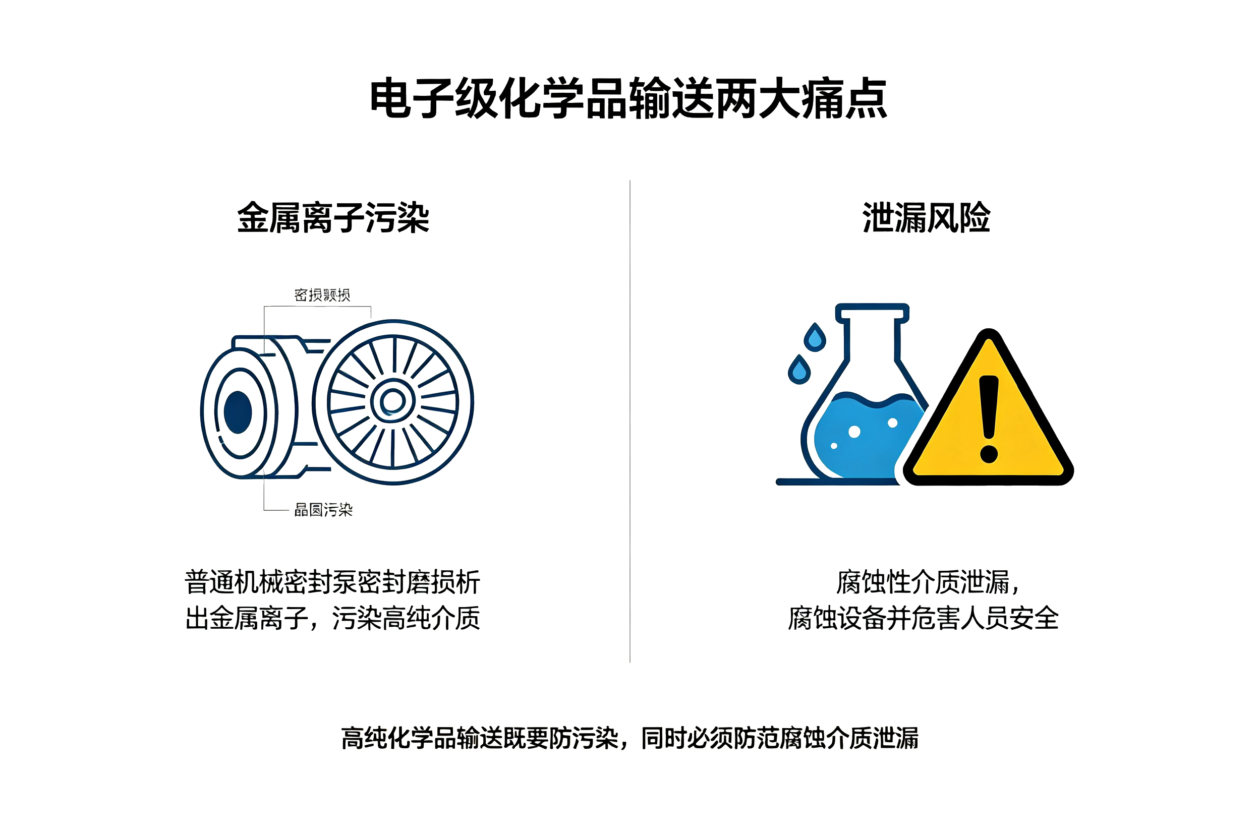 电子级化学品输送两大痛点图解，金属离子污染介质、腐蚀性介质泄漏风险示意