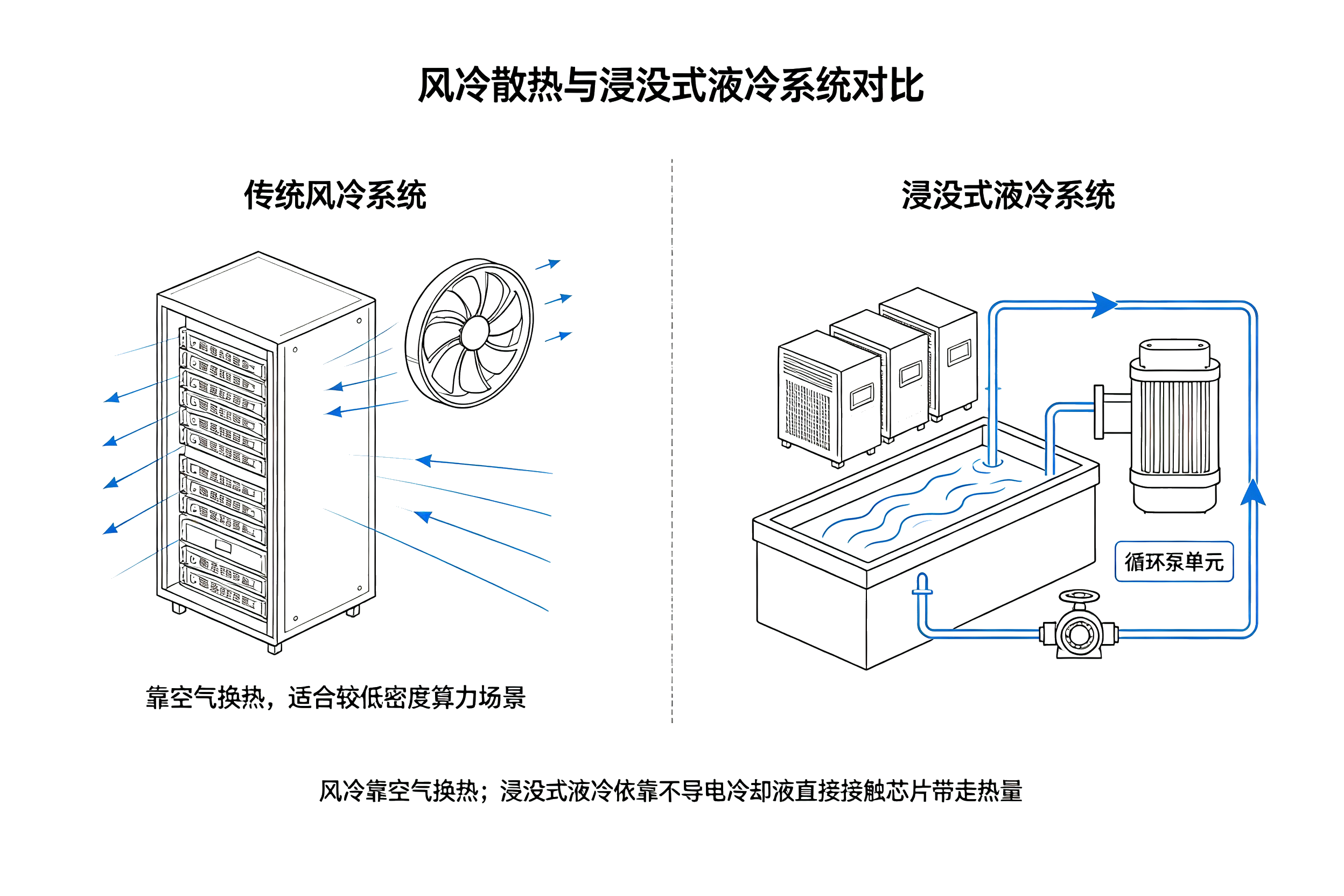AI 服务器风冷与浸没式液冷系统对比示意图,散热架构循环流程图解