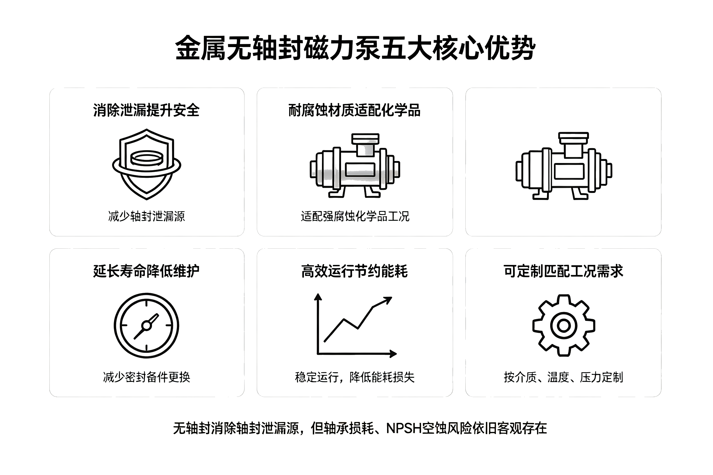 金属无轴封磁力泵五大核心优势图解，防泄漏、耐腐蚀、低维护、节能、可定制示意