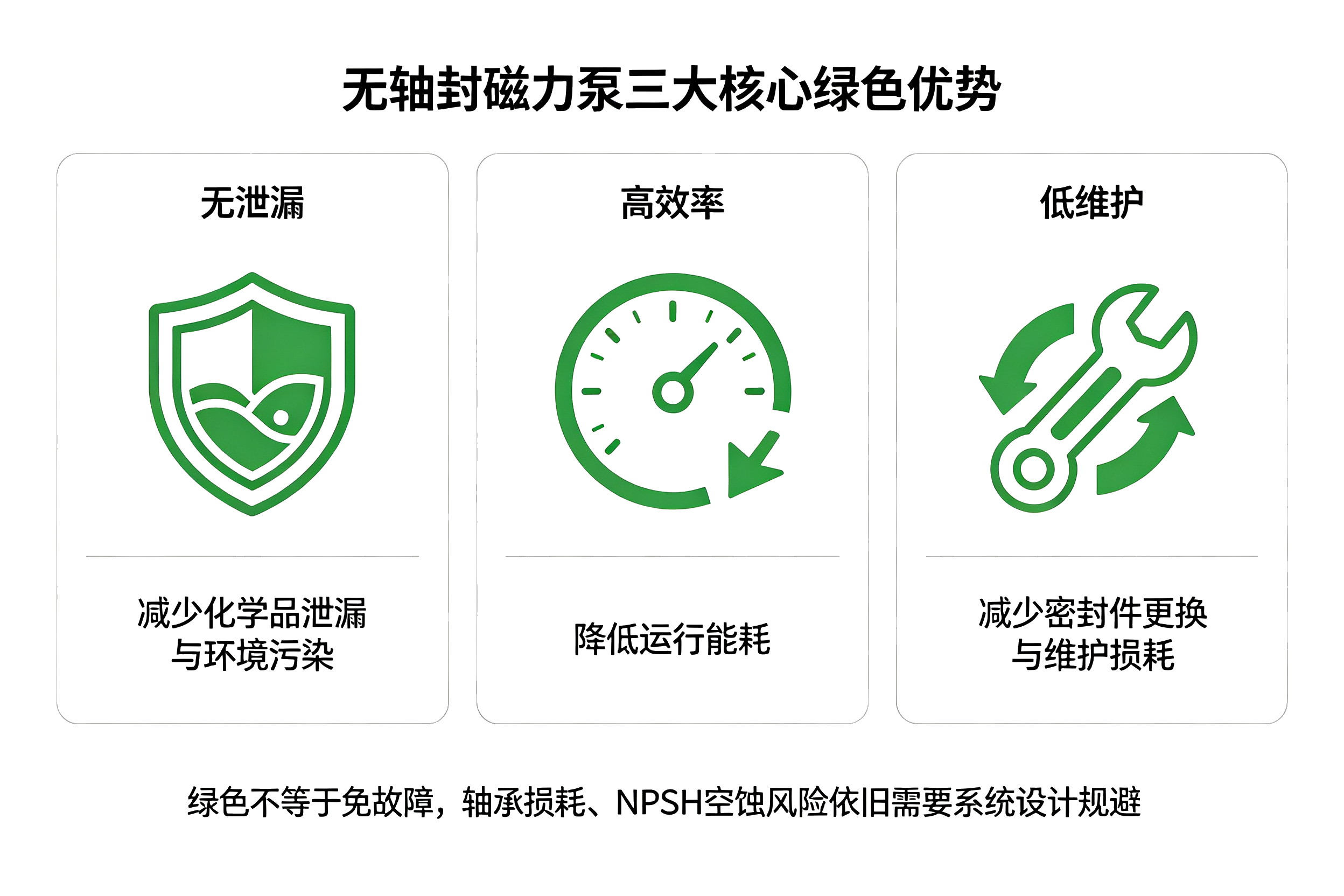 无轴封磁力泵三大绿色优势图解,防泄漏、高能效、低维护减碳示意