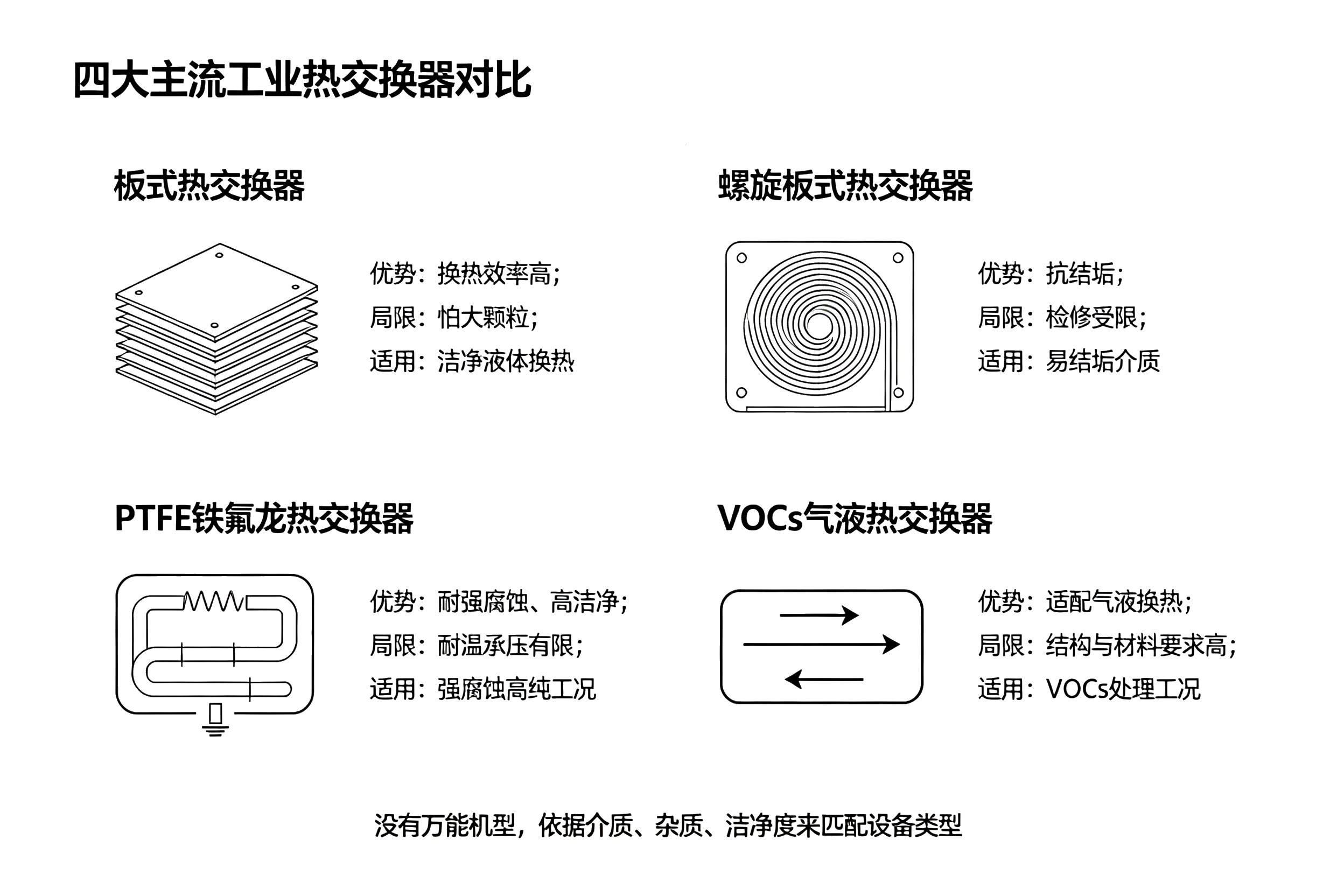 四大主流工业热交换器对比图解,板式、螺旋板、PTFE 铁氟龙、VOCs 气液换热器优缺点及适用工况