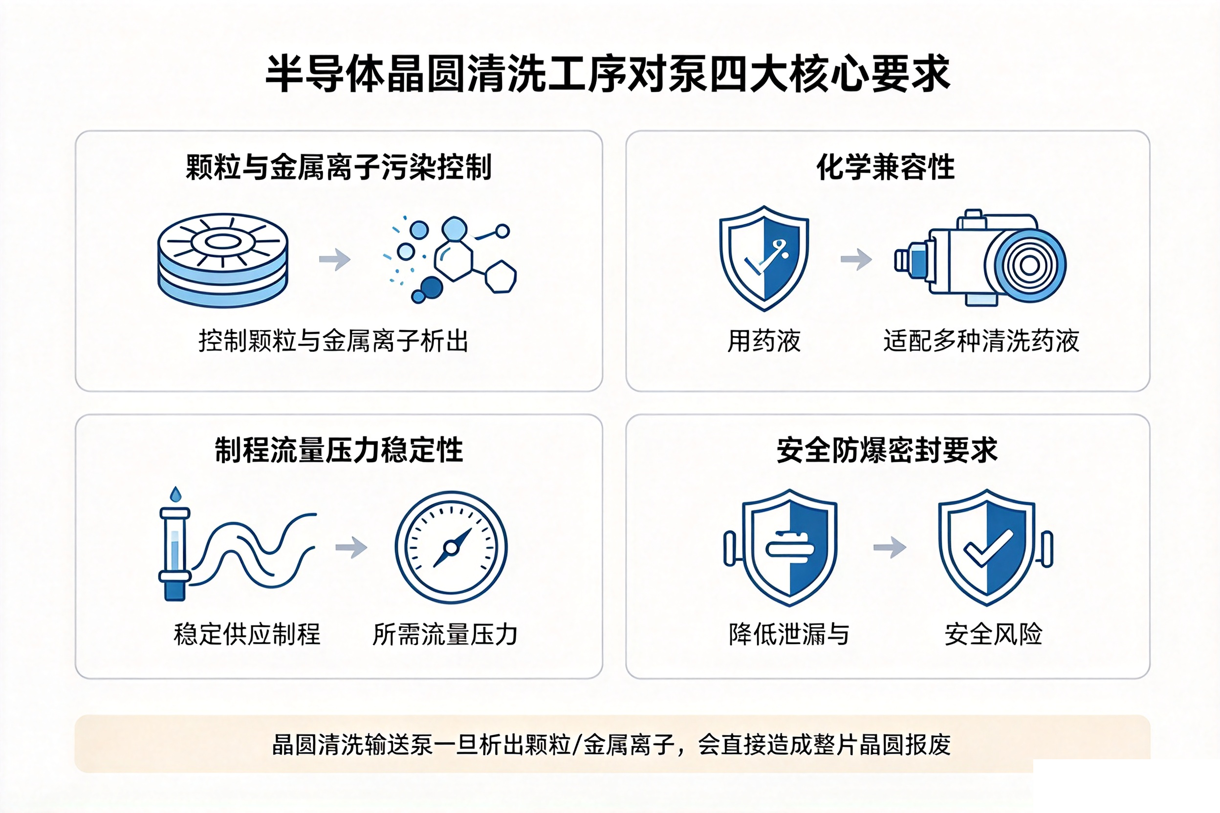 半导体晶圆清洗工序对泵四大核心要求图解，污染控制、化学兼容、制程稳定、安全密封示意
