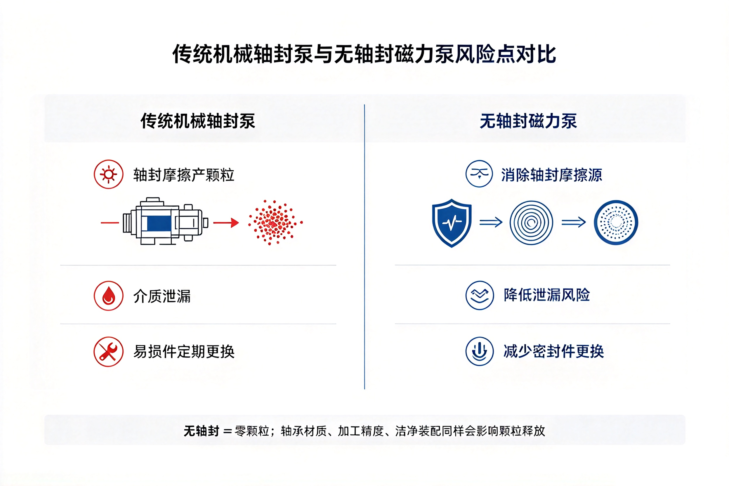 传统机械轴封泵与无轴封磁力泵风险点对比图解，轴封产颗粒泄漏风险对比示意