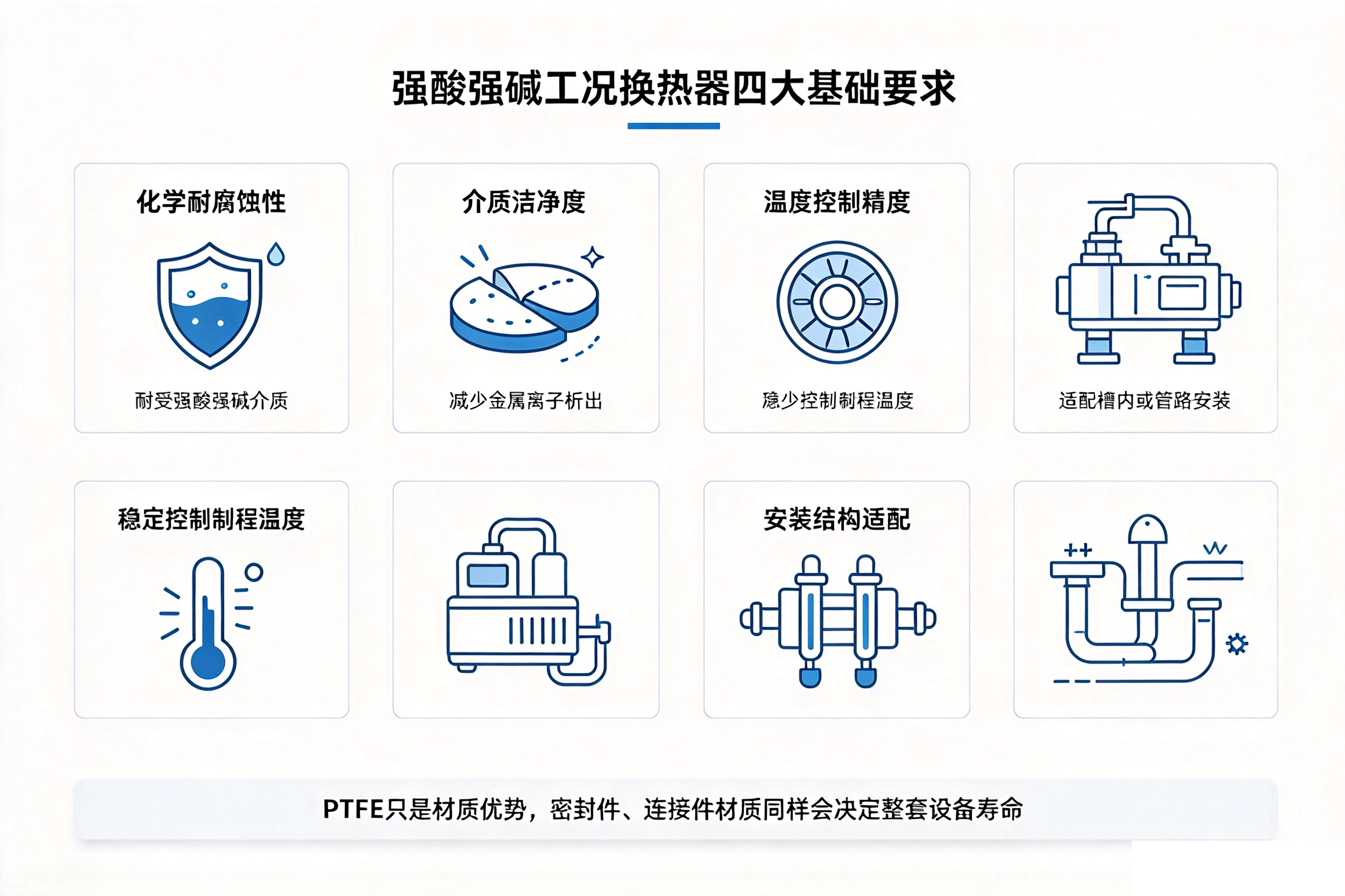 WOOAM‑PTFE 铁氟龙换热器四种形态对比图解,壳管 / 盘管 / 恒温器 / 调节器适用场景示意