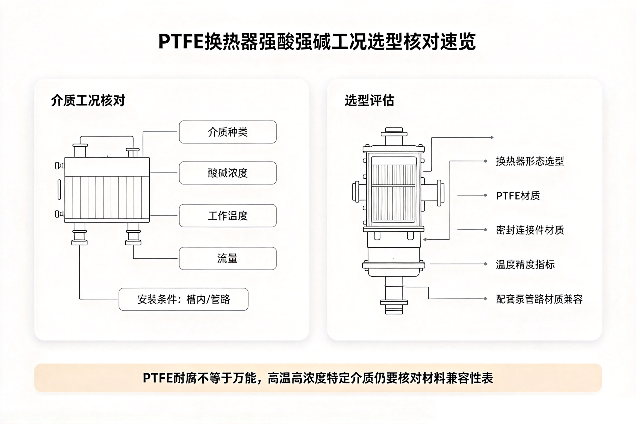 PTFE 铁氟龙换热器强酸强碱工况选型核对速览卡片,介质浓度温度、形态、配套管路泵材质核对对照表