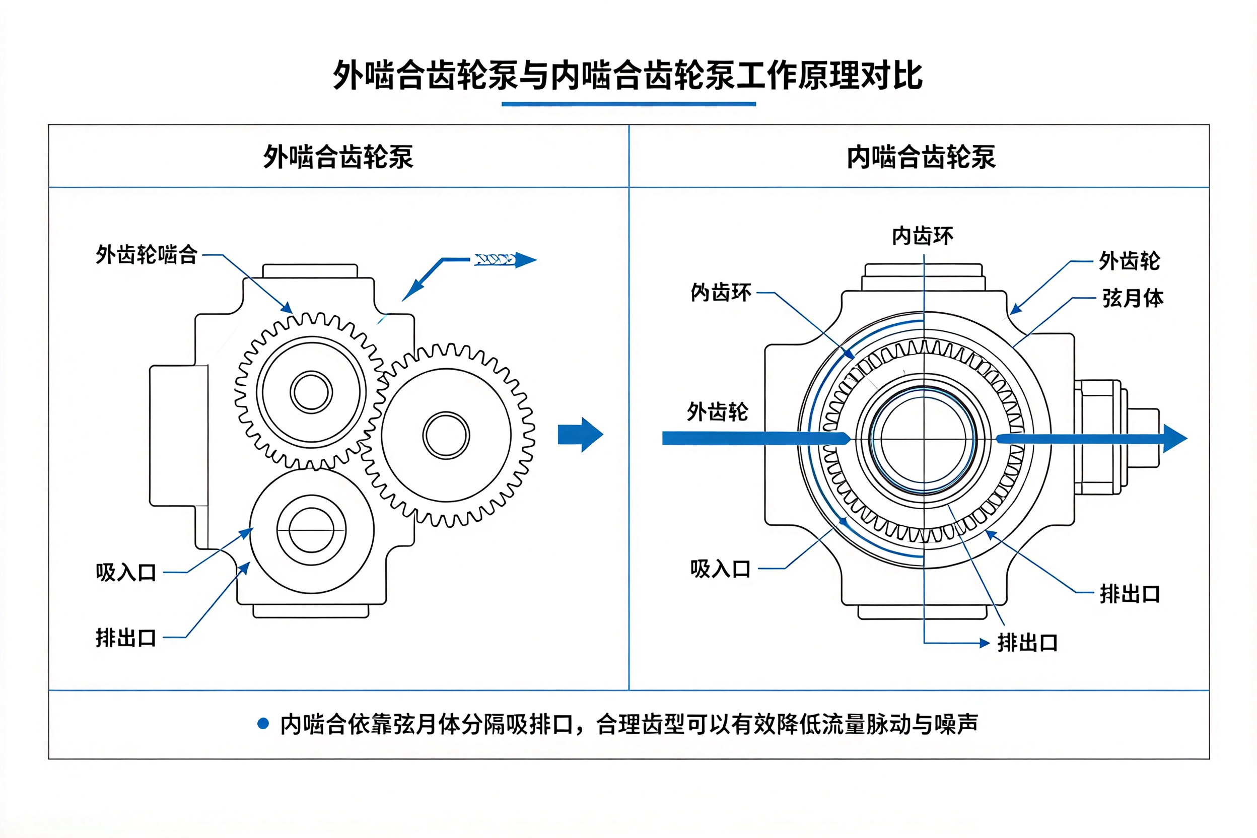 外啮合齿轮泵与内啮合齿轮泵工作原理对比简图,齿轮转子弦月体结构示意