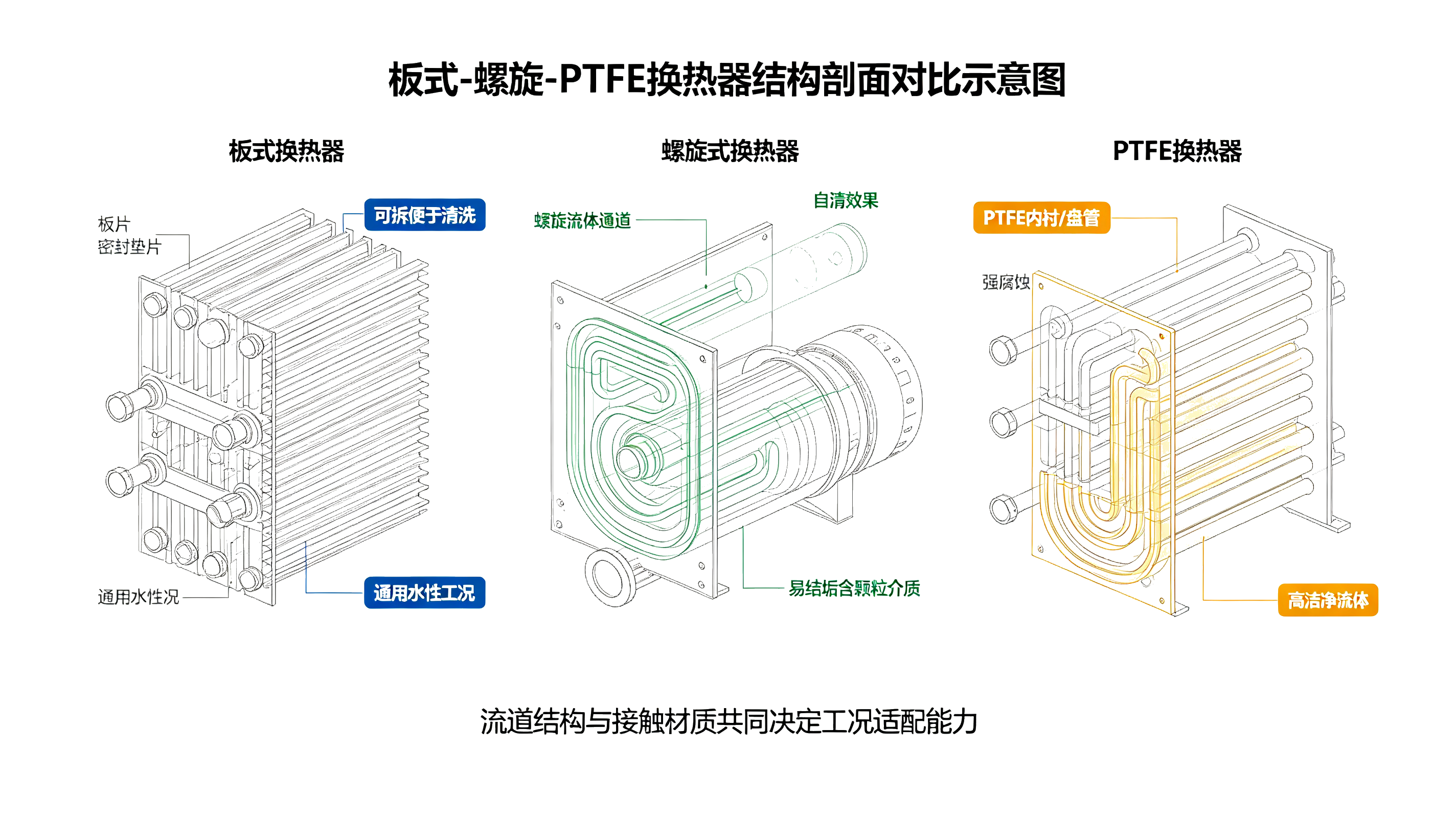 换热器选型按工况条件看适合哪种：板式、螺旋、PTFE三种结构的应用差异